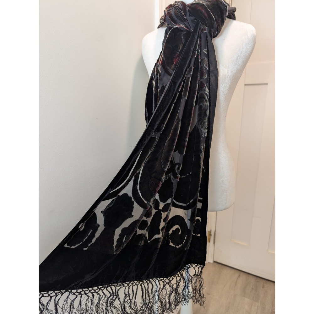 Lauren Ralph Lauren Black Paisley Velvet Blackout Scarf Rayon Silk Blend